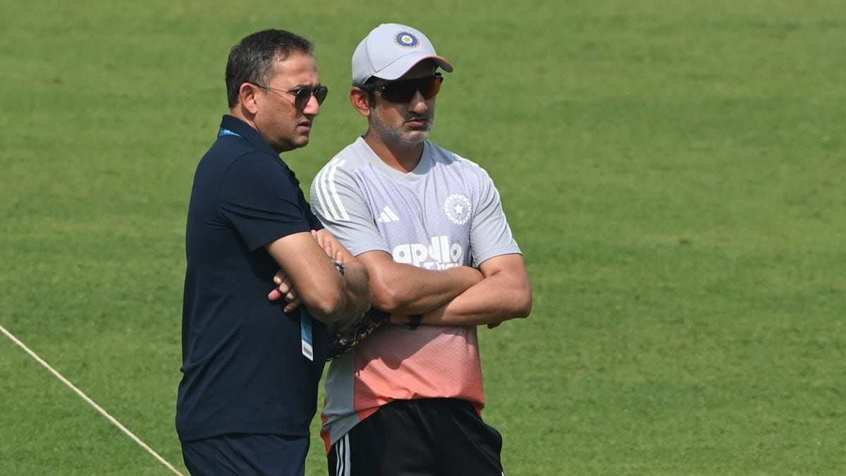 BCCI selection committee chairman Ajit Agarkar (left) and India head coach Gautam Gambhir interact during a practice session, at the Eden Gardens in Kolkata | Salil Bera
