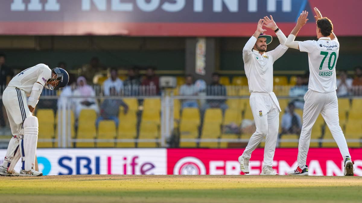 Yashasvi Jaiswal (left) gestures after being dismissed as South African's players celebrate during the fourth day of the Test match between India and South Africa at the Barsapara Cricket Stadium, in Guwahati | PTI