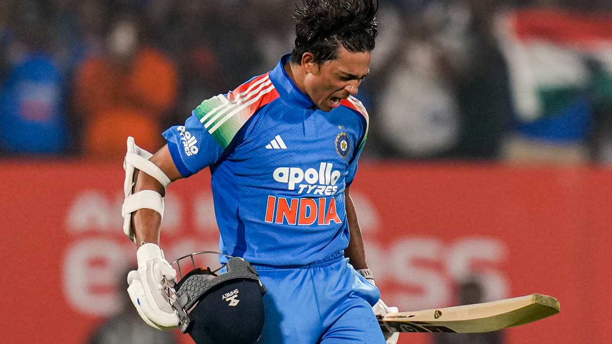 (File) Yashasvi Jaiswal celebrates his century during the third ODI match against South Africa, in Visakhapatnam | PTI