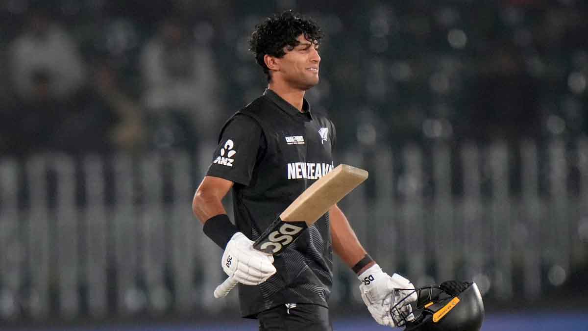 New Zealand's Rachin Ravindra celebrates after scoring century | AP