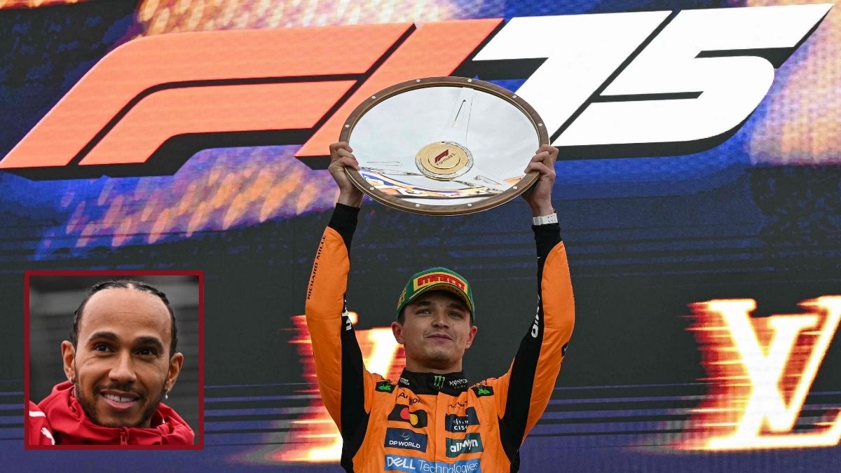 McLaren driver Lando Norris of Britain after winning the Australian F1 Grand Prix at Albert Park; Inset: Lewis Hamilton | AFP