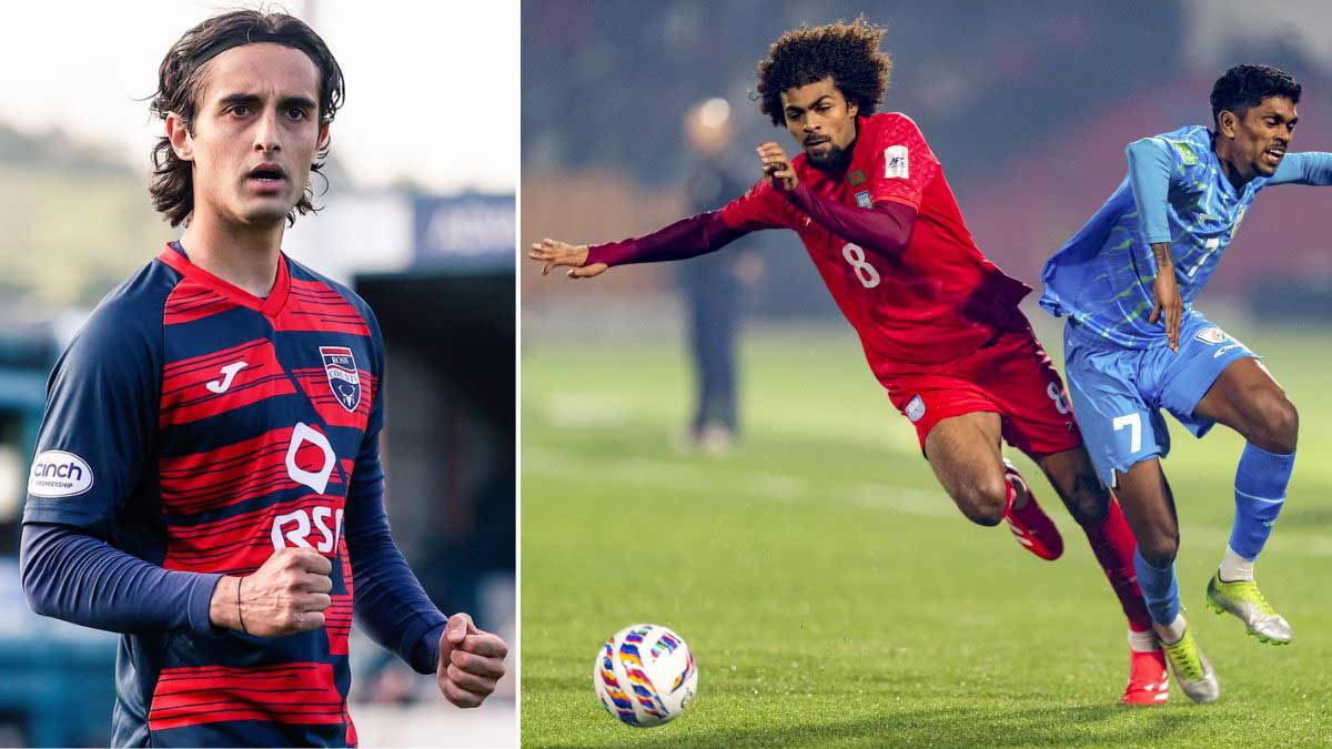Yan Dhanda (left); India's Liston Colaco, right, and Bangladesh's Hamza Choudhury vie for the ball during the AFC Asian Cup qualifier match in Shillong, Meghalaya | PTI