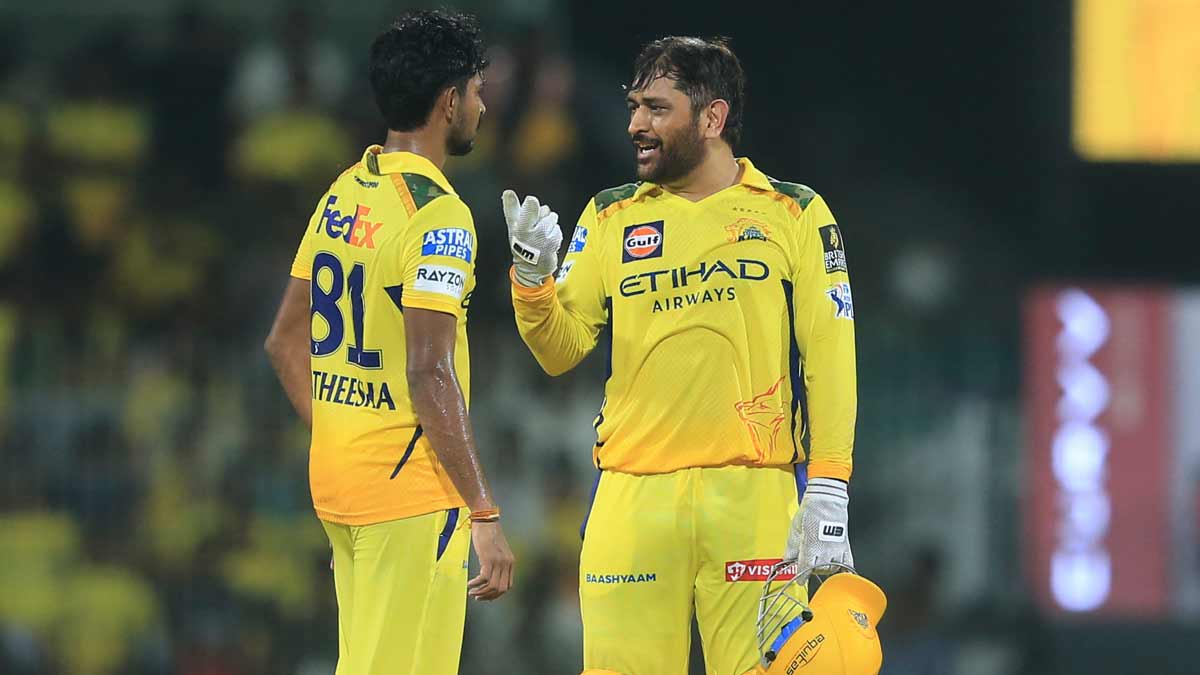 Chennai Super Kings' captain Mahendra Singh Dhoni, right, speaks to teammate Matheesha Pathirana during the IPL match against Sunrisers Hyderabad at M.A. Chidambaram Stadium in Chennai | AP