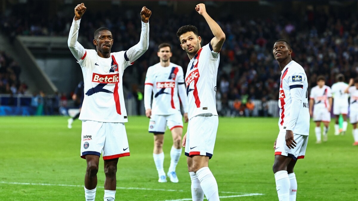 Paris Saint-Germain's stars Ousmane Dembele (L) Goncalo Ramos (C) and Nuno Mendes celebrate a win | AFP