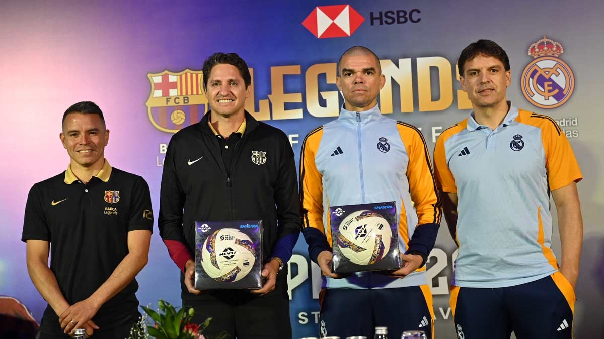Real Madrid Legends and Barcelona Legends players at a pre-match press conference 