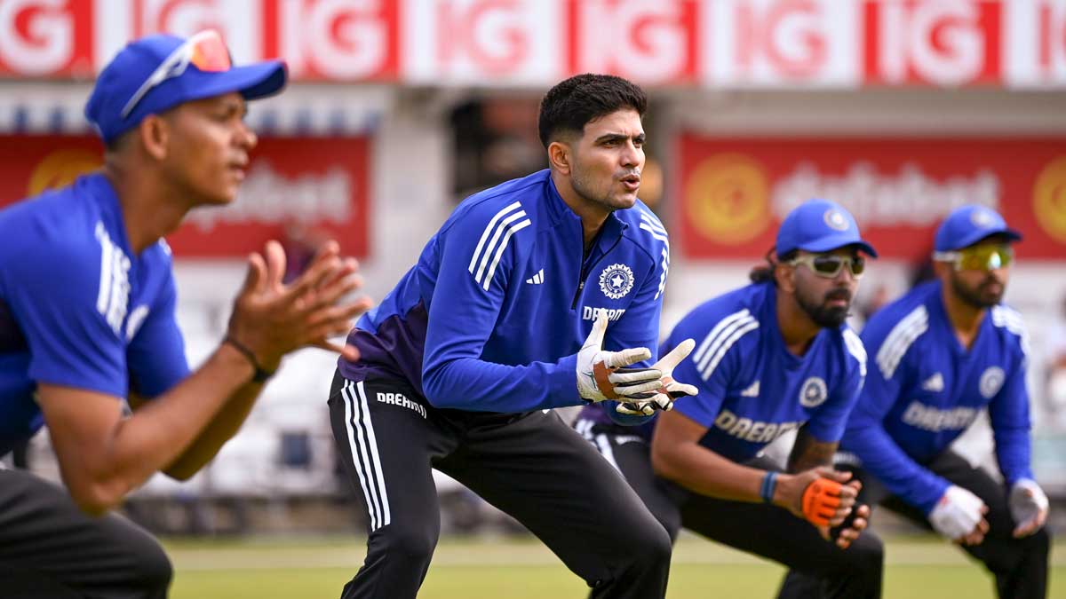 Indian team captain Shubman Gill with teammates during a practice session ahead of the first Test match against England, at Headingley, Leeds | PTI