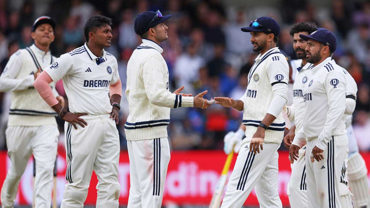 India captain Shubman Gill, third left, with teammates on day five of the first Test match against England at Headingley in Leeds | AP/PTI