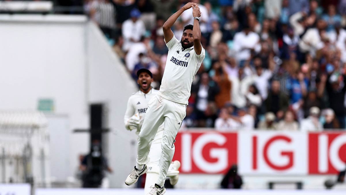 Mohammed Siraj celebrates taking the wicket of Gus Atkinson on the fifth and final day of the fifth Test match between England and India at The Oval in London | AFP