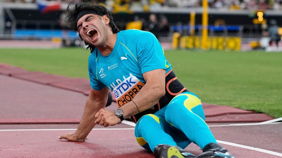 India's Neeraj Chopra reacts in the men's javelin throw final at the World Athletics Championships in Tokyo | AP
