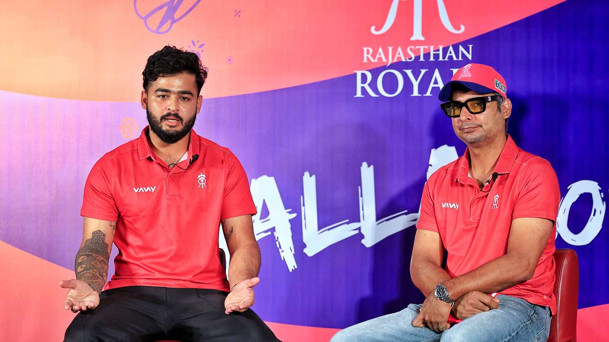 Rajasthan Royals captain Riyan Parag (left) with team's head coach Kumar Sangakkara, during a pre-season press conference ahead of the IPL 2026, in Jaipur | PTI