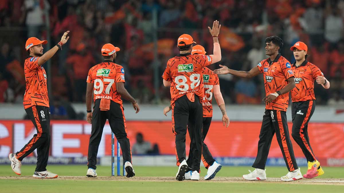 Sunrisers Hyderabad's Sakib Hussain, second right, celebrate with teammates the wicket of Delhi Capitals' K.L. Rahul during the IPL match in Hyderabad | AP