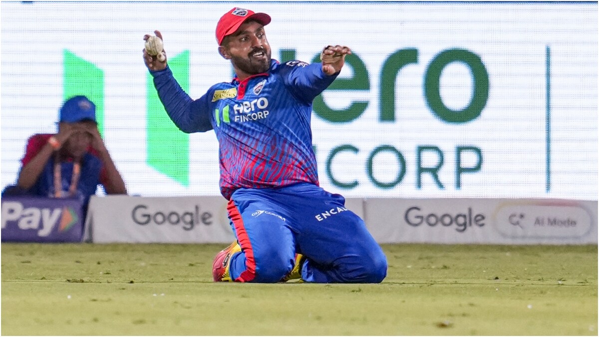 Delhi Capitals' Karun Nair throws the ball after dropping a catch | PTI