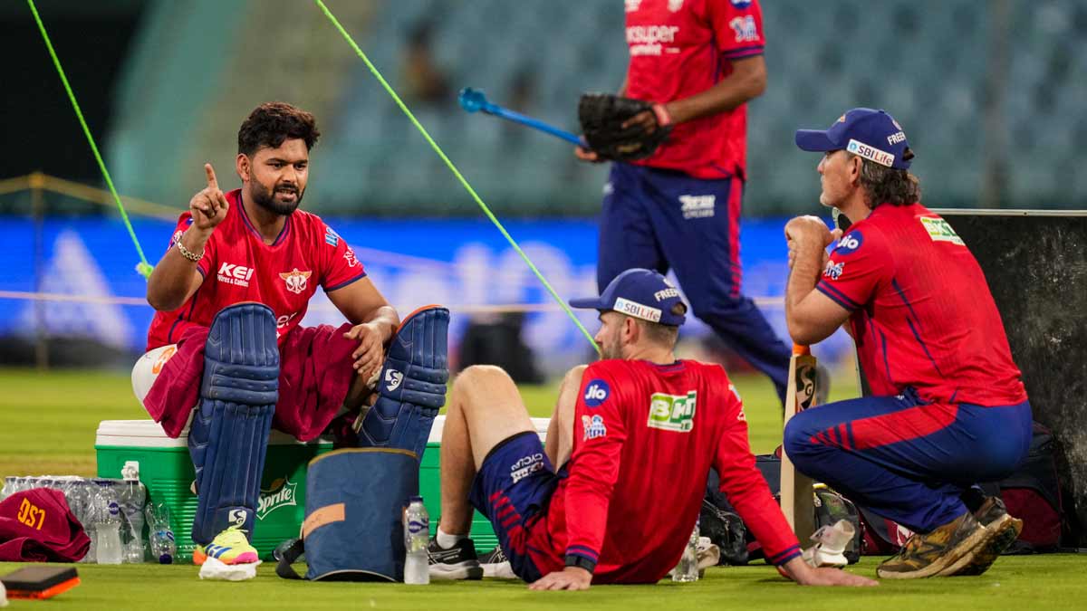 Lucknow Super Giants’ captain Rishabh Pant (left) strategic adviser Kane Williamson (centre) and others during a practice session ahead of the IPL match against Rajasthan Royals, in Lucknow | PTI
