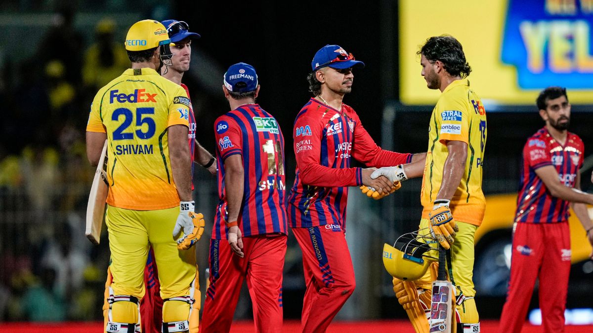 Chennai Super Kings' Prashant Veer, right front, shakes hand after winning the Indian Premier League (IPL) 2026 T20 cricket match between Chennai Super Kings and Lucknow Super Giants, in Chennai, Tamil Nadu, Sunday, May 10, 2026.