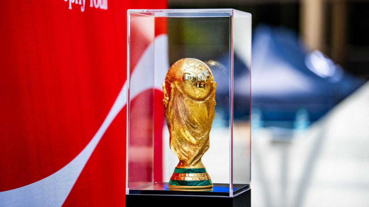 The FIFA World Cup trophy is displayed during the FIFA World Cup Trophy Tour at Nathan Phillips Square | Kevin Sousa-Imagn Images