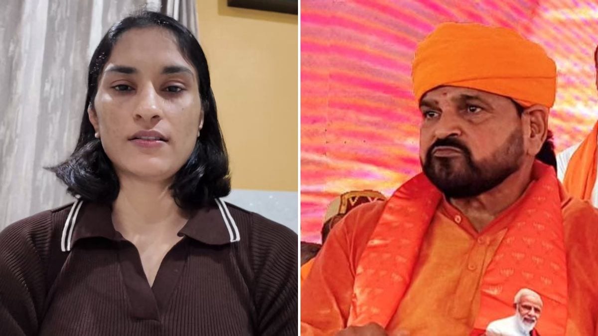 Wrestling champion and politician Vinesh Phogat (L) and former Wrestling Federation of India (WFI) chief Brij Bhushan Sharan Singh (R) | X, PTI