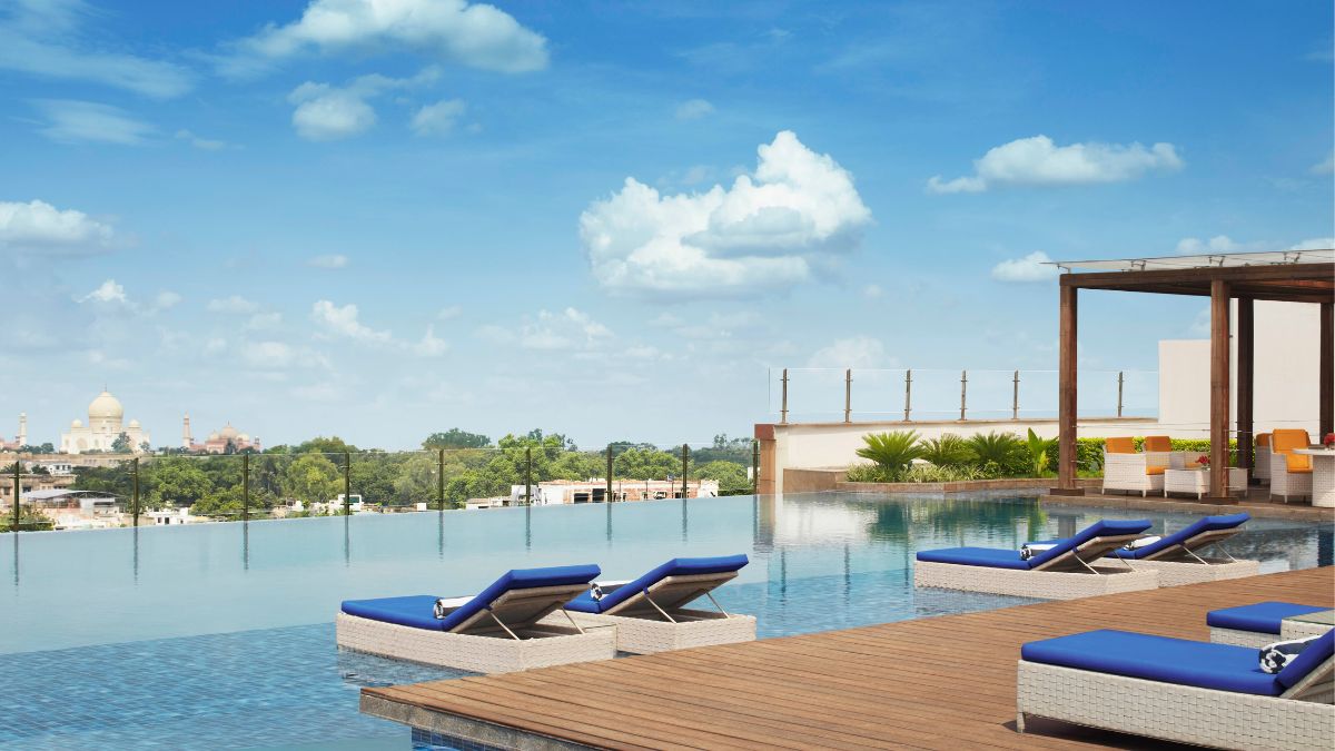 Infinity pool with a view of the Taj Mahal at THCC, Agra Infinity pool with a view of the Taj Mahal at THCC, Agra