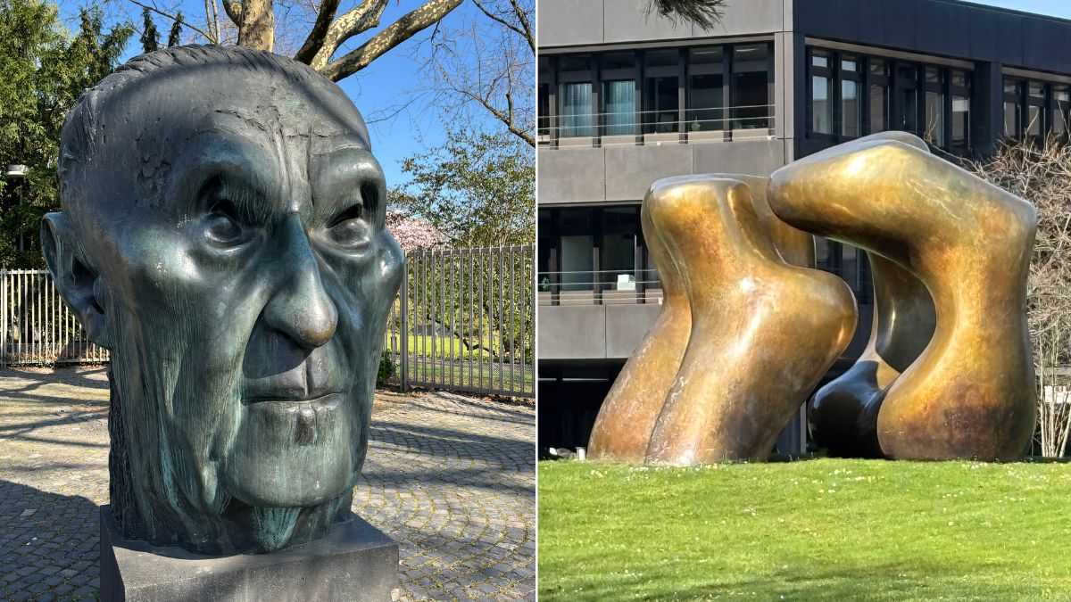 The Konrad-Adenauer-Denkmal installation (left) and 'Large Two Forms' by Henry Moore in front of the Federal Ministry for Economic Cooperation and Development (right) in Bonn | Kalpana Sunder