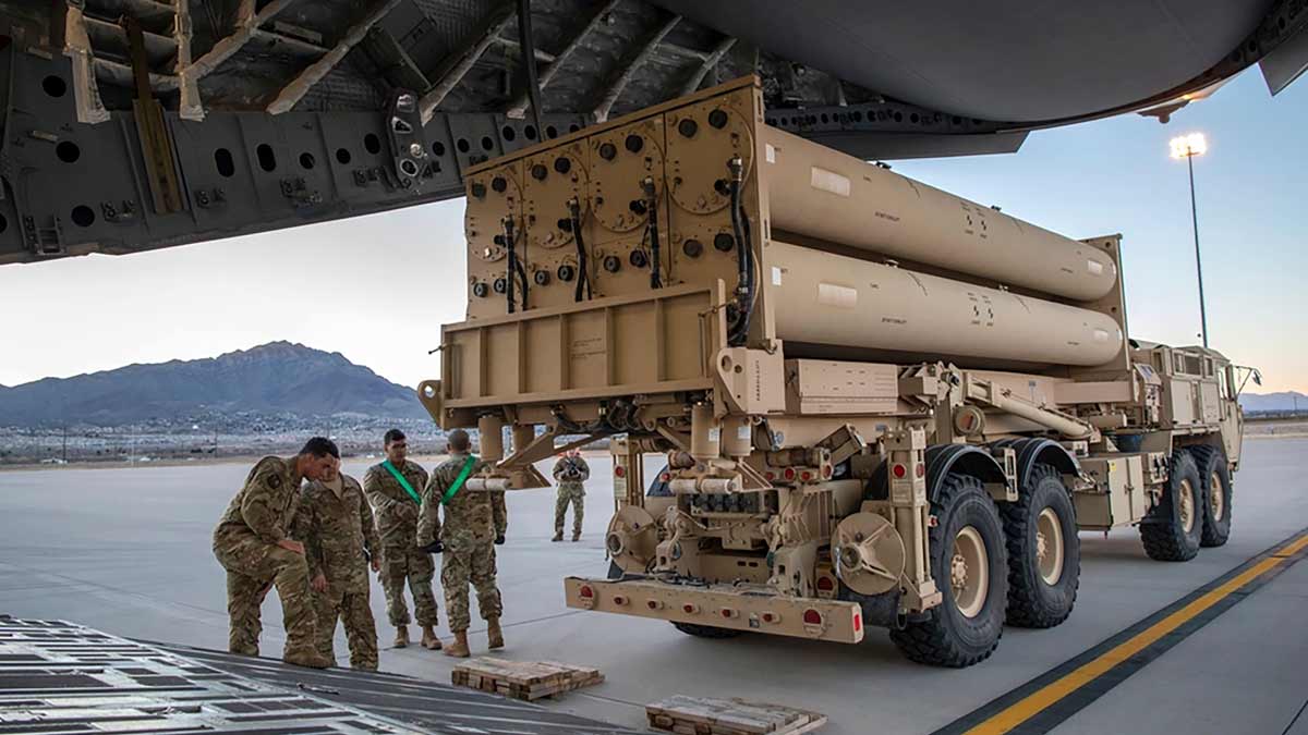This image provided by the U.S. Air Force shows the U.S. Army Terminal High Altitude Area Defense (THAAD) launching station preparing to load onto a 4th Airlift Squadron C-17 Globemaster III at Fort Bliss, Texas | AP