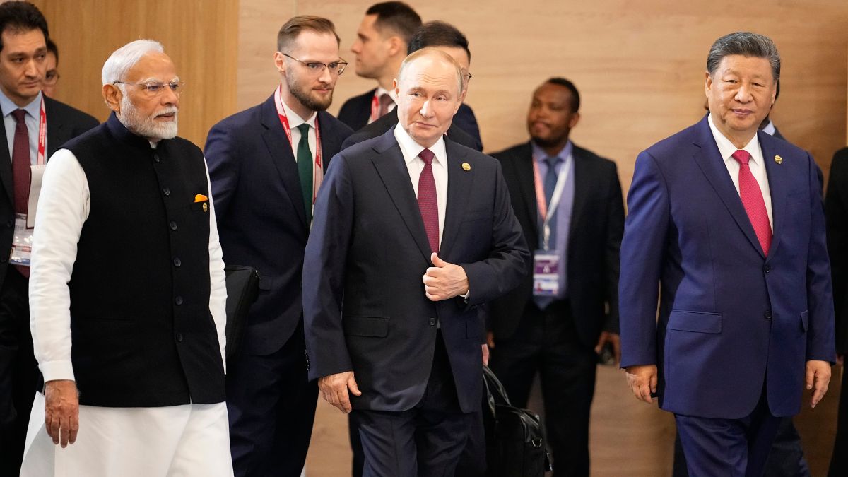 Prime Minister Narendra Modi, Russian President Vladimir Putin and Chinese President Xi Jinping attend a family photo ceremony prior to the BRICS Summit plenary session in Kazan, Russia, Wednesday, Oct. 23, 2024 | AP