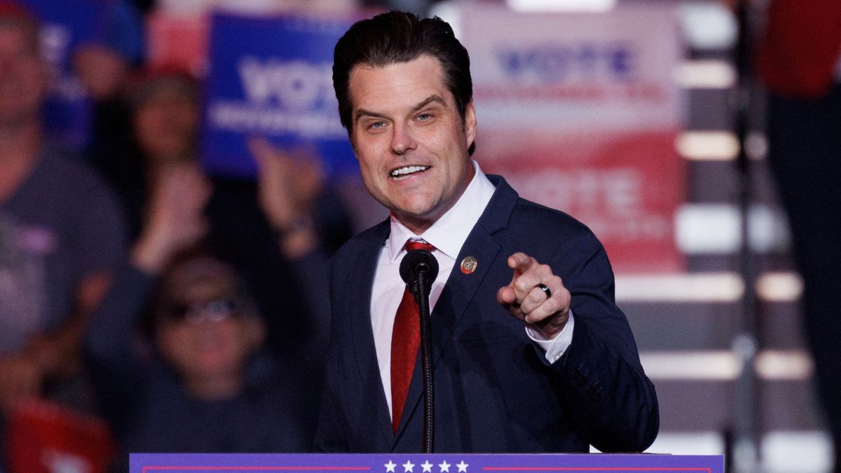 Republican U.S. Representative Matt Gaetz speaks at a campaign rally for Republican presidential nominee and former U.S. President Donald Trump in Henderson, Nevada U.S. October 31, 2024 | Reuters