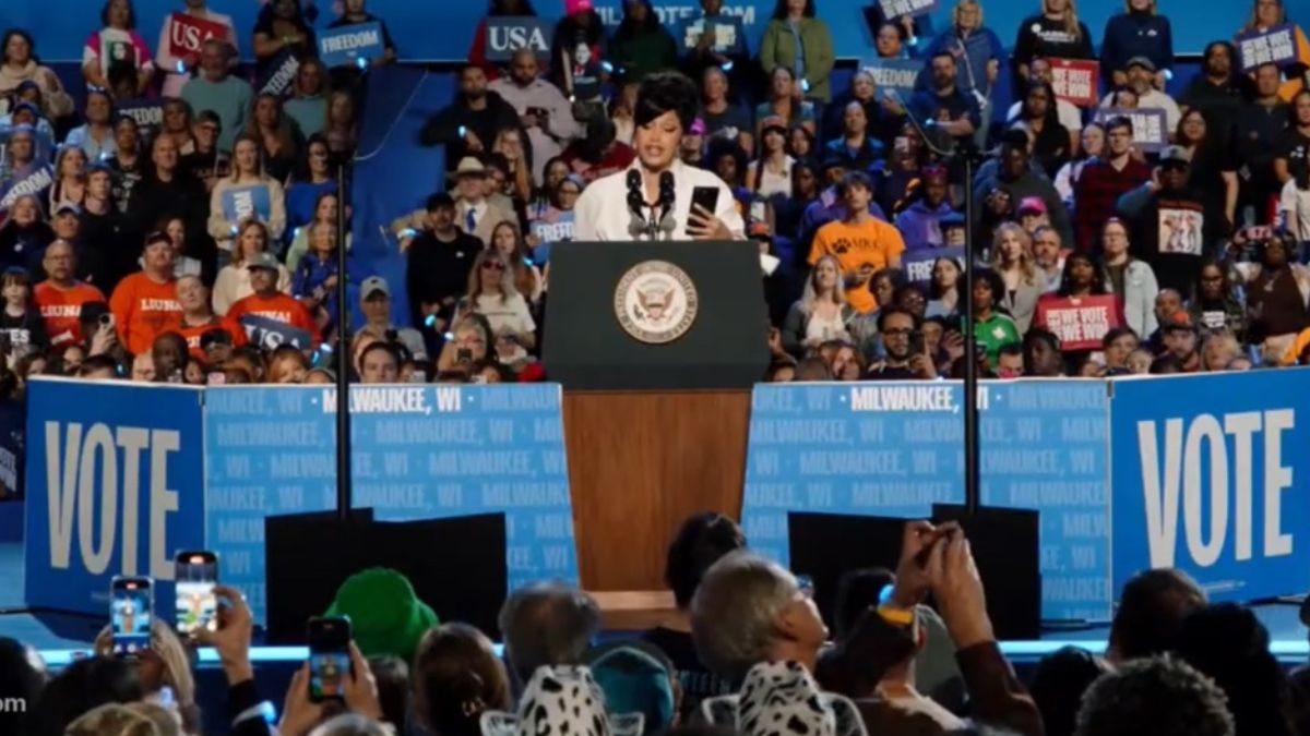 Rapper-songwriter Cardi B speaking at the Kamala Harris rally