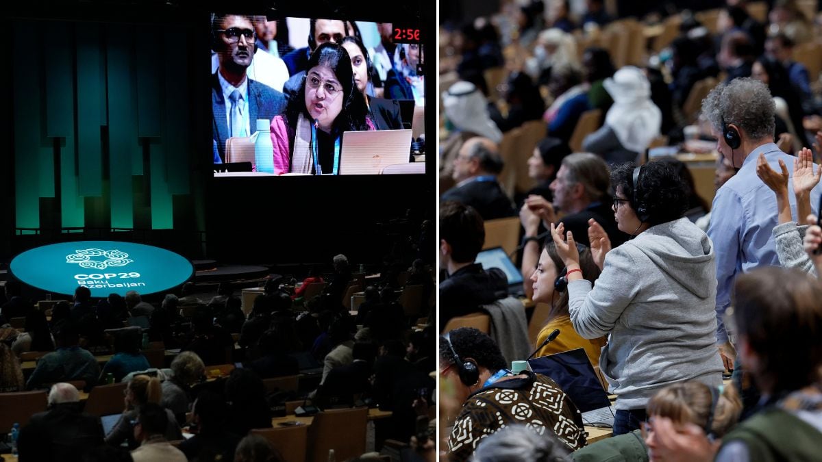 Chandni Raina, part of India's negotiating team, speaks at the COP29 U.N. Climate Summit on November 24, 2024, in Baku, Azerbaijan. On the right, people applaud as they listen to Chandni Raina during the closing plenary meeting | AP, Reuters