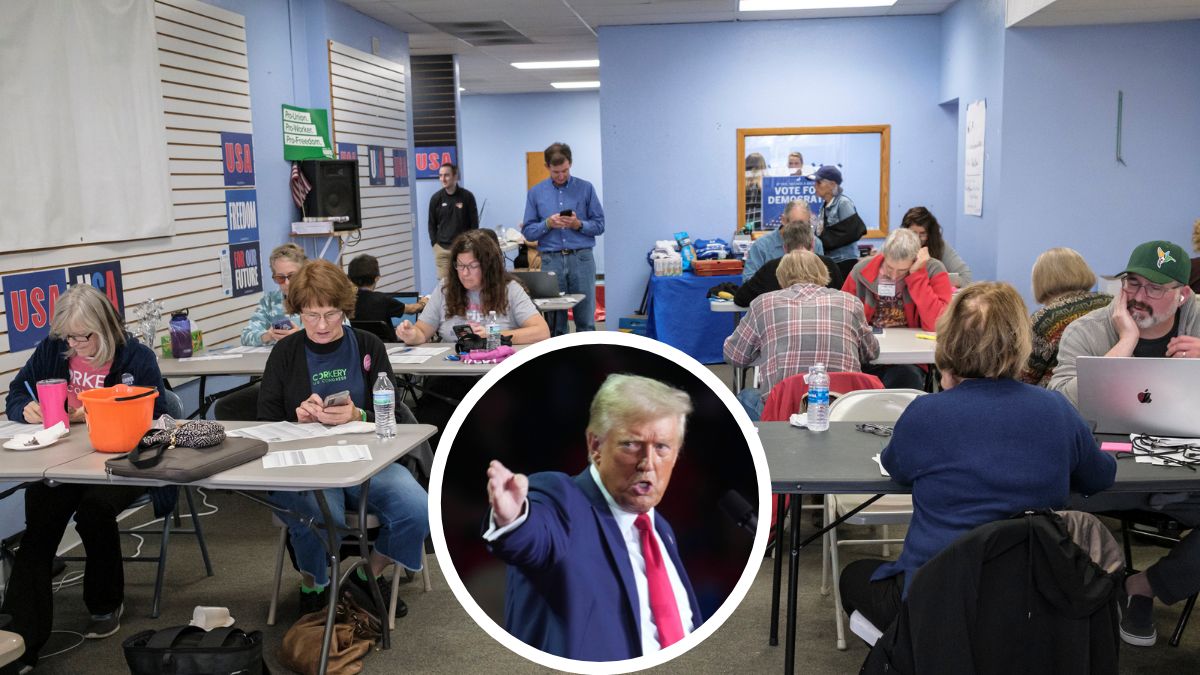 Volunteers make phone calls and text potential voters at the Linn County Democratic Party's offices in Cedar Rapids, Iowa, on Election Day, Tuesday, Nov. 5, 2024 | AP
