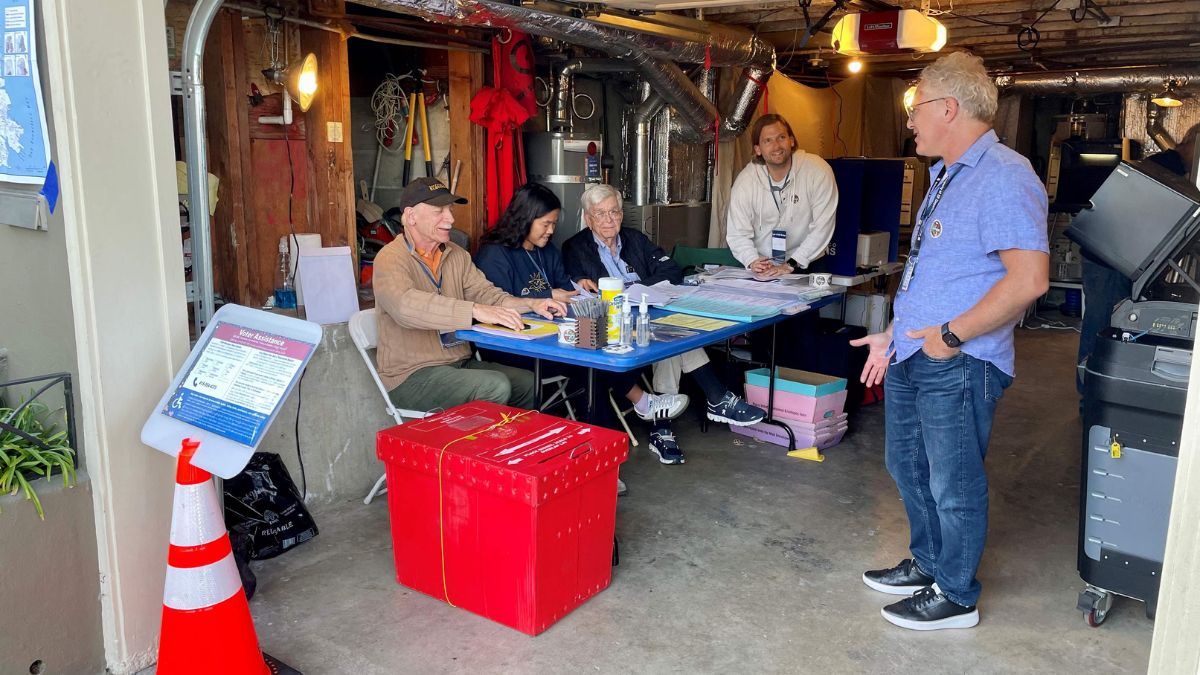 Poll workers in Figone's garage, which has been converted into a polling station for the day, in San Francisco on November 5, 2024 | AFP