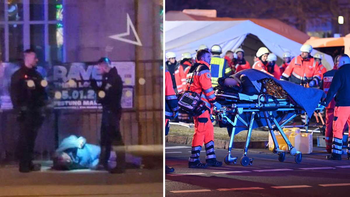 (Left) Taleb Al Abdul Mohsen aka Taleb Abdul Jawad being arrested by police while (right) rescuers carry away an injured person lying on a stretcher | X, AFP