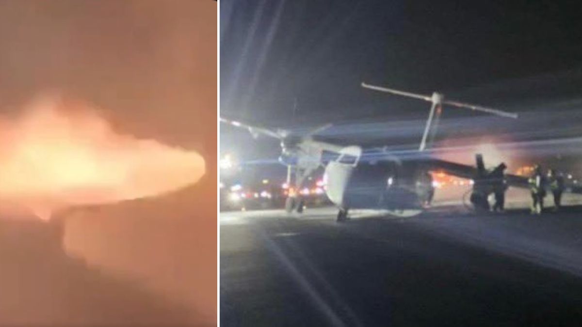 Fire erupts on the left wing of the Air Canada flight after landing gear failure caused it tilt to one side | X