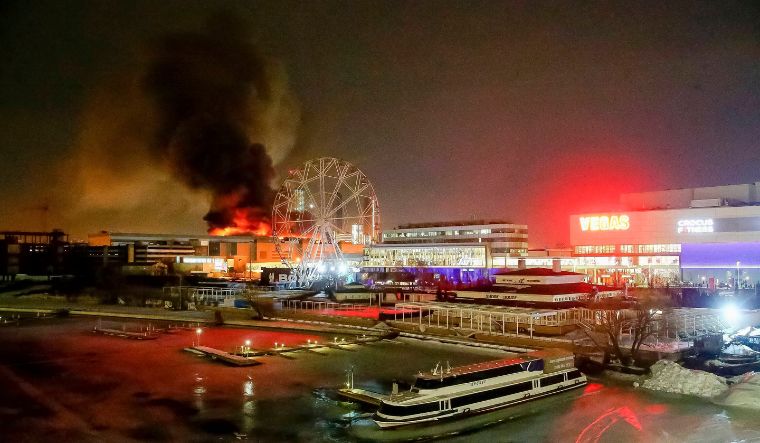A massive blaze is seen over the Crocus City Hall on the western edge of Moscow, Russia, on March 22, 2024 | AP