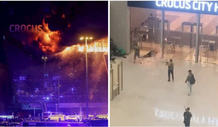 The Crocus City Hall concert venue in flames; screengrab showing the gunmen | Reuters
