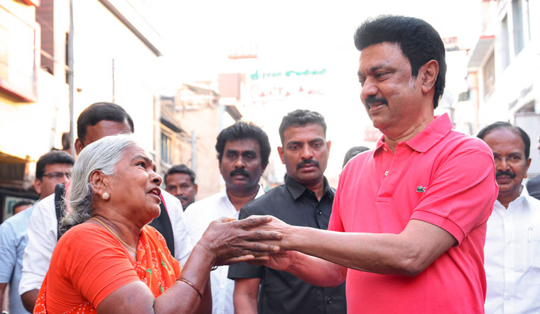 Tamil Nadu CM and DMK chief MK Stalin meets en elderly voter during his election campaign | PTI