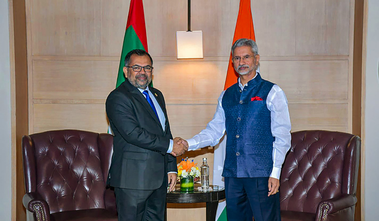 External Affairs Minister S Jaishankar with Maldives Foreign Minister Moosa Zameer at a meeting, in New Delhi | PTI