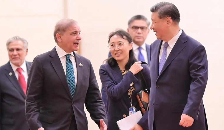 Pakistan Prime Minister Shahbaz Sharif with Chinese President Xi Jinping during the former's China visit | X 