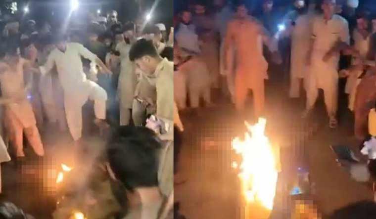 Images going viral on social media showing a man being burnt to death for alleged blasphemy | X 