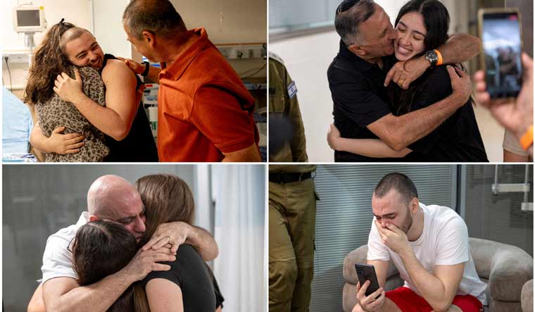 Former hostages Almog Meir Jan, Noa Argamani, Andrey Kozlov and Shlomi Ziv who were rescued by Israeli forces in the Gaza Strip, after their arrival in Israel | Reuters 