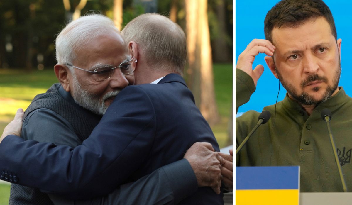 Prime Minister Narendra Modi, left, and Russian President Vladimir Putin embrace during an informal meeting at Novo-Ogaryovo residence, outside Moscow. (Right) Ukrainian President Vlodomyr Zelenskyy | AP
