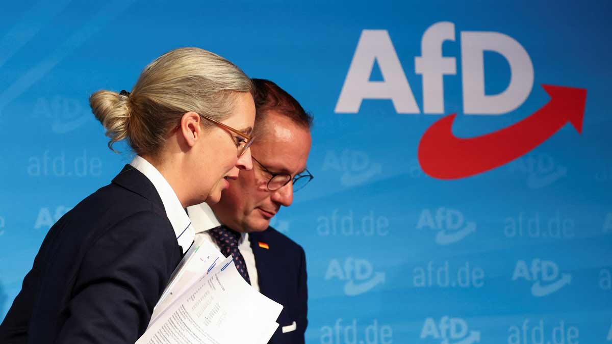 Germany's Alternative for Germany (AfD) party co-leaders Alice Weidel and Tino Chrupalla hold a press conference after state elections in Saxony and Thuringia, in Berlin | AFP