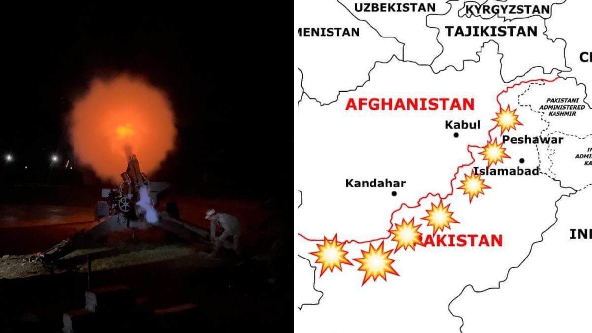 Image shared by Pakistan Army firing at Taliban troops in border regions. (Right) The areas where conflict broke out | X 
