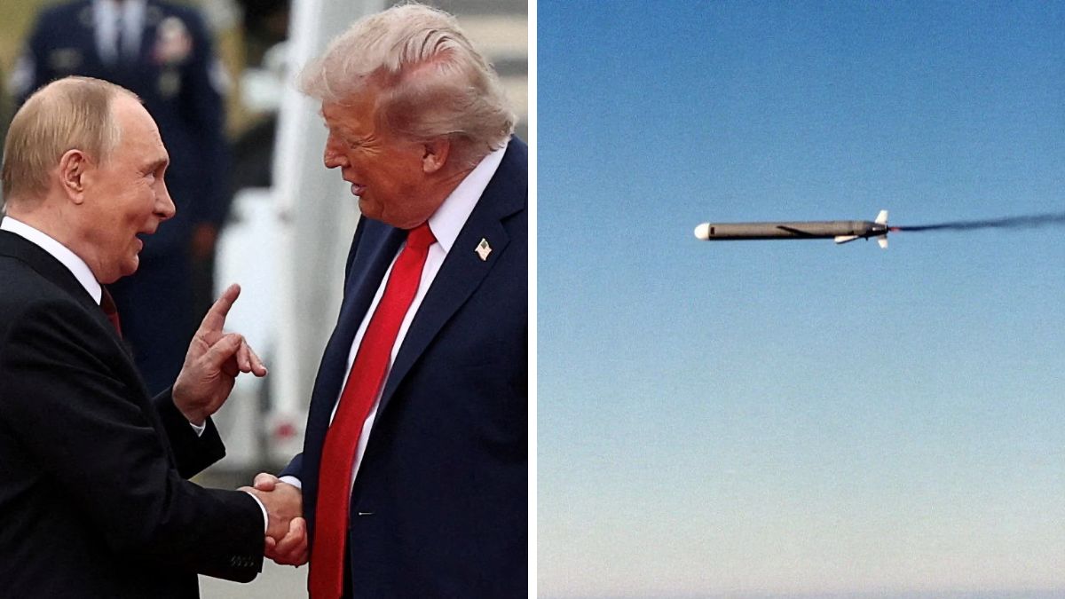 US President Donald Trump with Russian President Vladimir Putin. (Right) Tomahawk missiles | X 