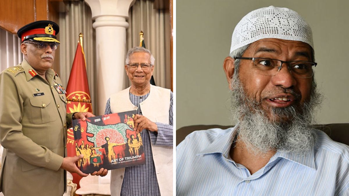 Pakistan’s Chairman of the Joint Chiefs of Staff Committee General Sahir Shamshad Mirza with Bangladesh's interim government head Mohammed Yunus. (Right) Controversial preacher Zakir Naik | Sanjay Ahlawat 