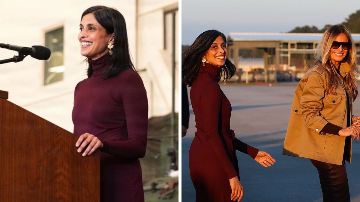 Second lady Usha Vance speaks in the Mega Hangar at the Marine Corps Air Station New River in Jacksonville. (Right) Usha with First Lady Melania Trump | X 