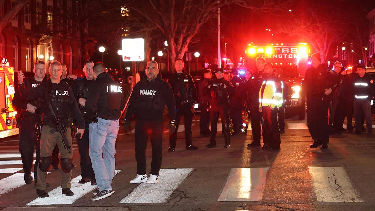 Emergency personnel gather on Waterman Street at Brown University in Providence | AP