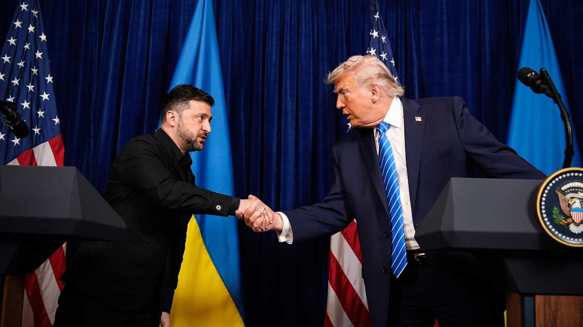 President Donald Trump and Ukraine's President Volodymyr Zelenskyy shake hands at the start of a joint news conference following a meeting at Trump's Mar-a-Lago club | AP