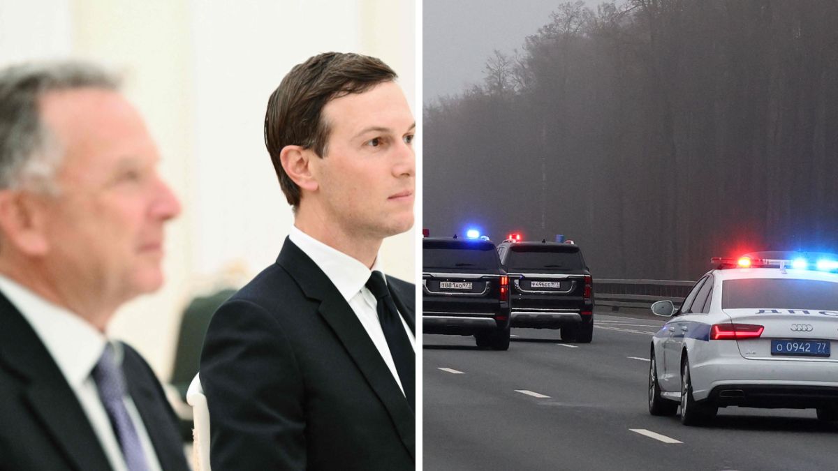 US special envoy Steve Witkoff and US President Donald Trump's son-in-law Jared Kushner attend a meeting with Russia's President Vladimir Putin in Moscow. (Right) A motorcade transporting Witkoff and Kushner, departs Vnukovo International Airport | Reuters 