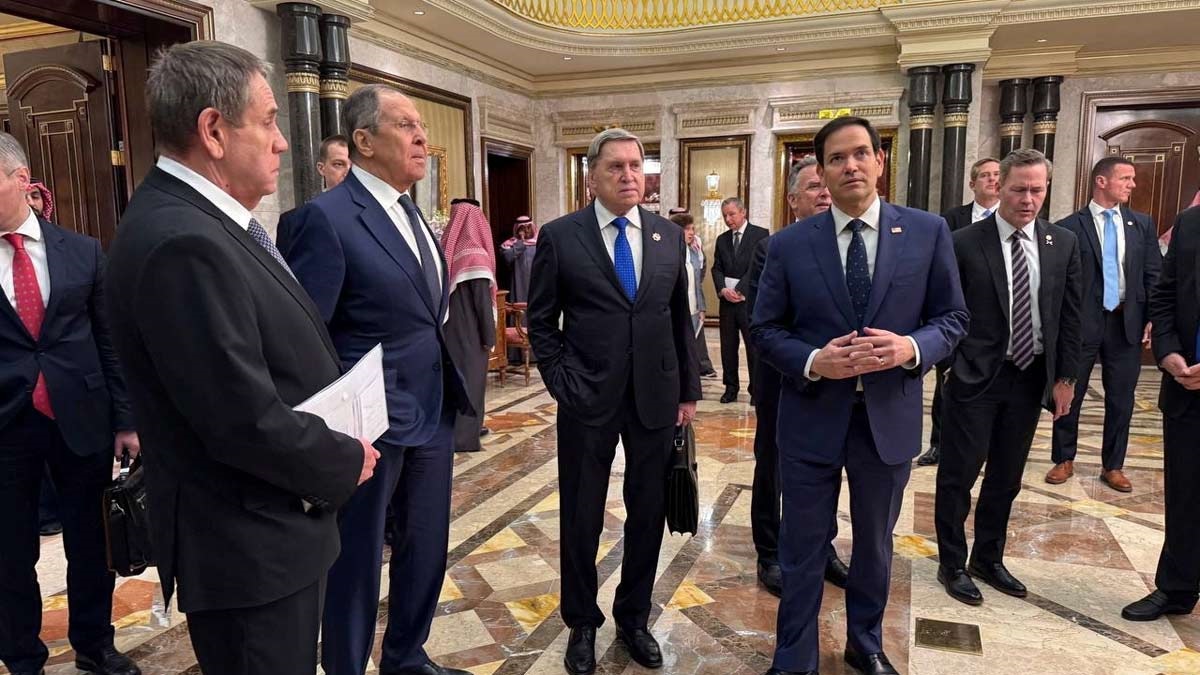 US Secretary of State Marco Rubio, Russian Foreign Minister Sergei Lavrov, Russian President Vladimir Putin's foreign policy advisor Yuri Ushakov and members of the delegations attend talks at Diriyah Palace in Riyadh, Saudi Arabia | Reuters