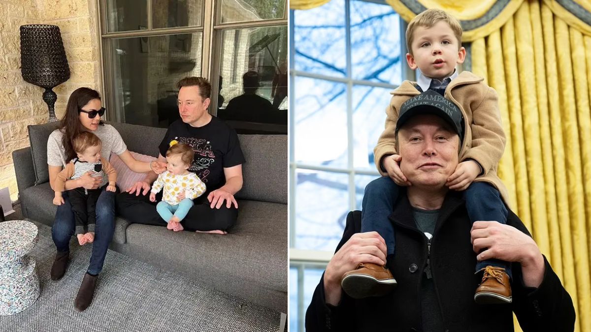 Elon Musk and Shivon Zilis with their twin children, Strider and Azure. On the right, Musk and his son X | X, AFP