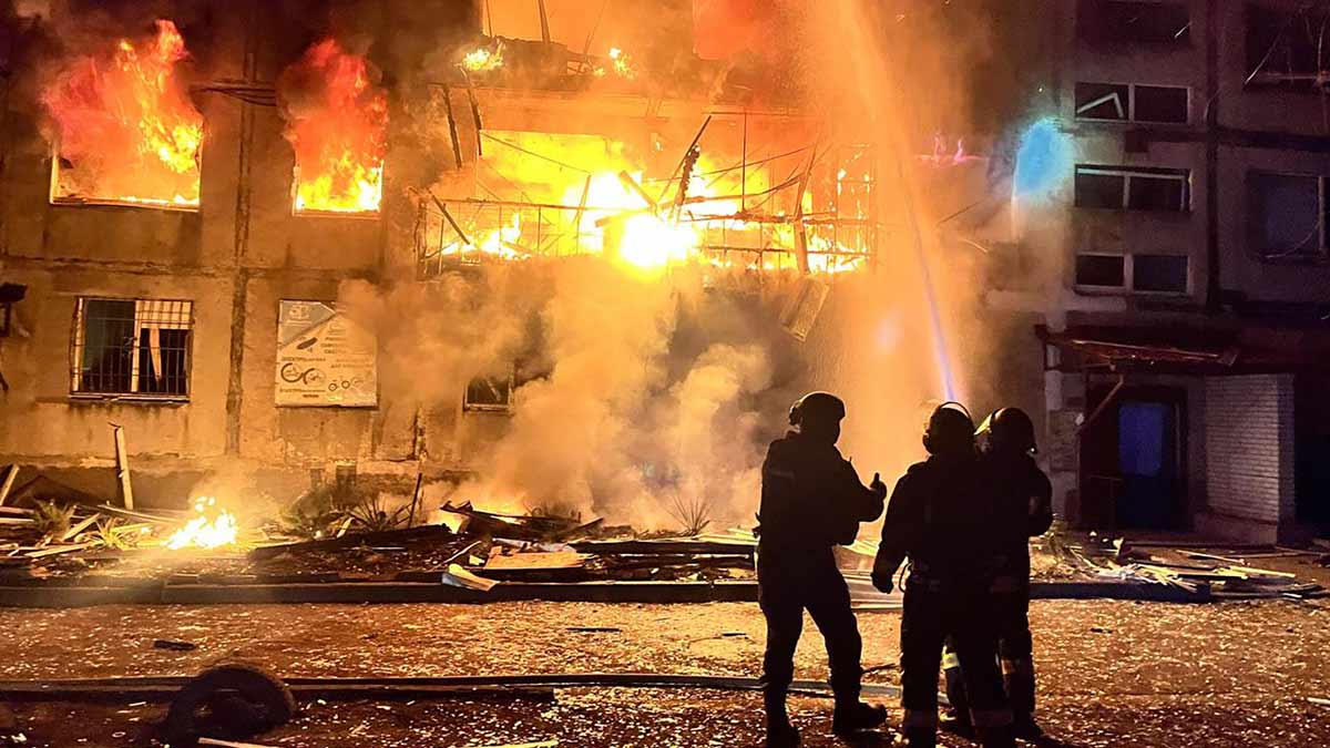 In this photo provided by the Ukrainian Emergency Service, firefighters put out the fire following a Russian rocket attack in Dobropillya, Donetsk region, Ukraine | AP
